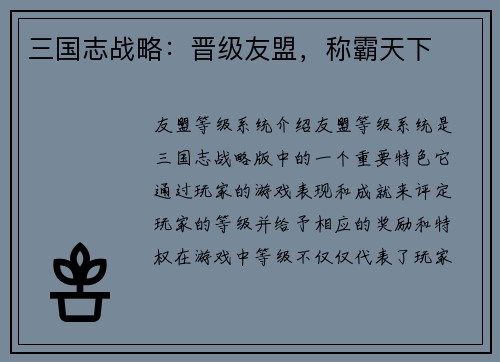 三国志战略：晋级友盟，称霸天下
